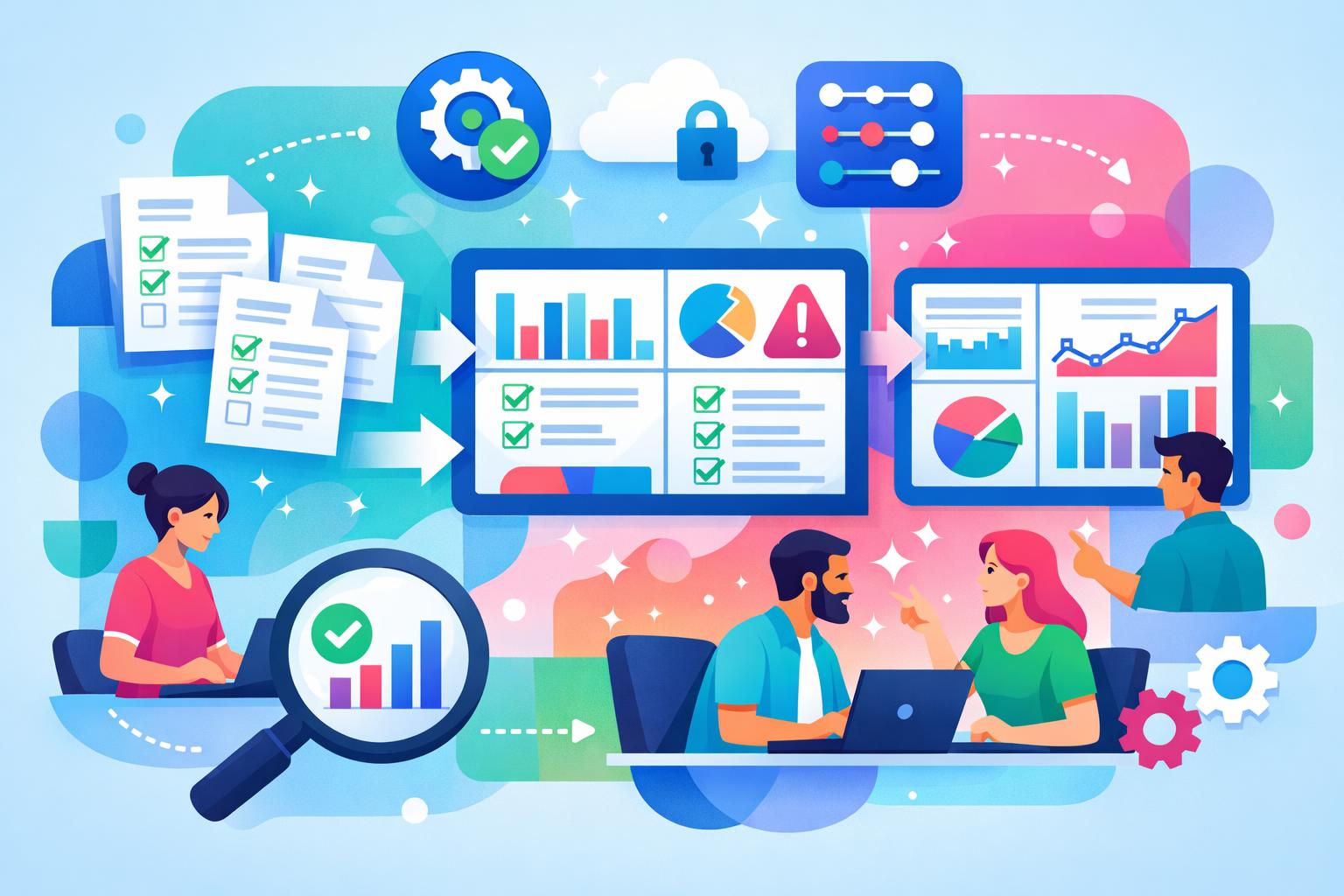Illustration of a business team reviewing contract obligations and change decisions