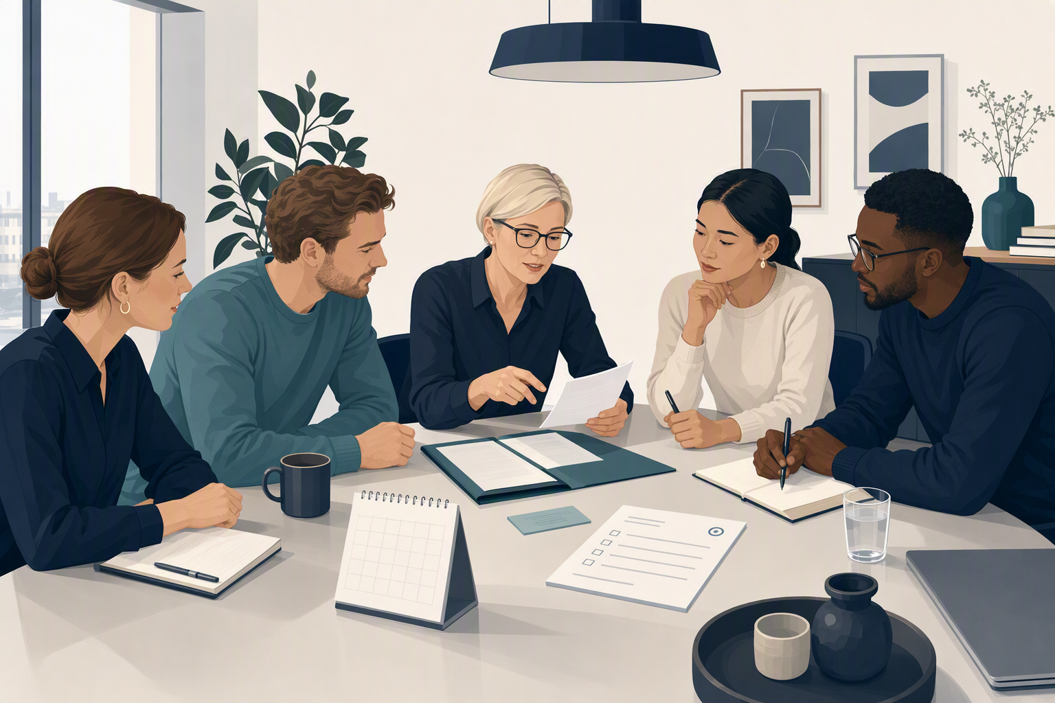 Team der gennemgår en ændringsanmodning til en kontrakt