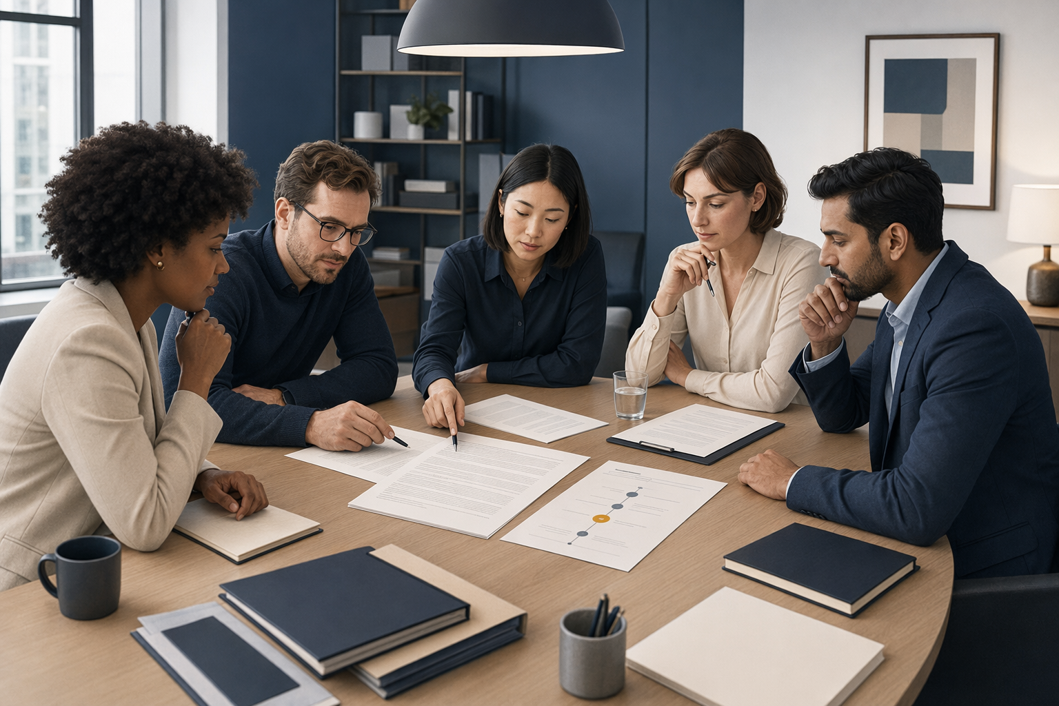 Cross-functional team reviewing a contract exception register and decision record
