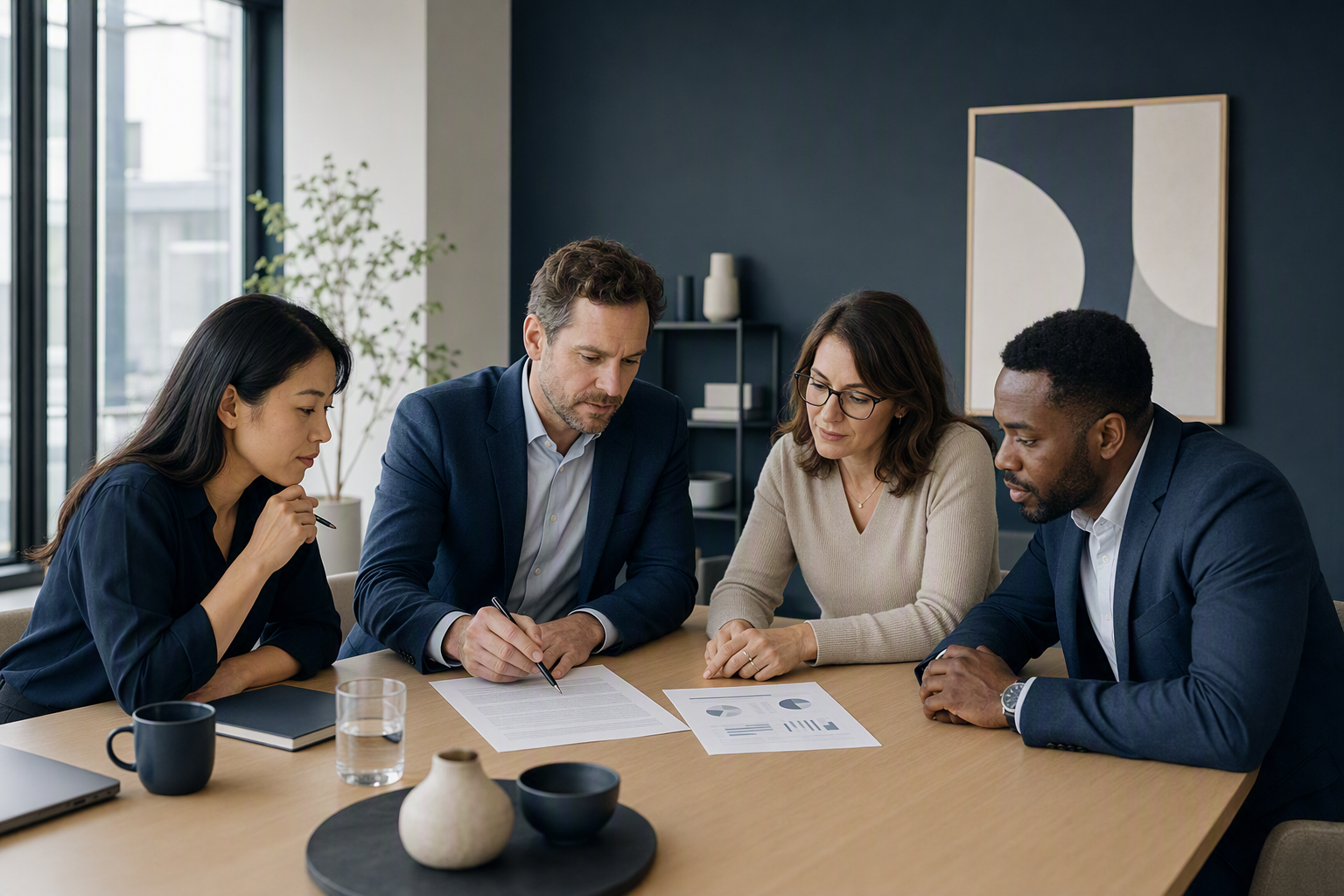 Business team reviewing a concise contract brief before a decision