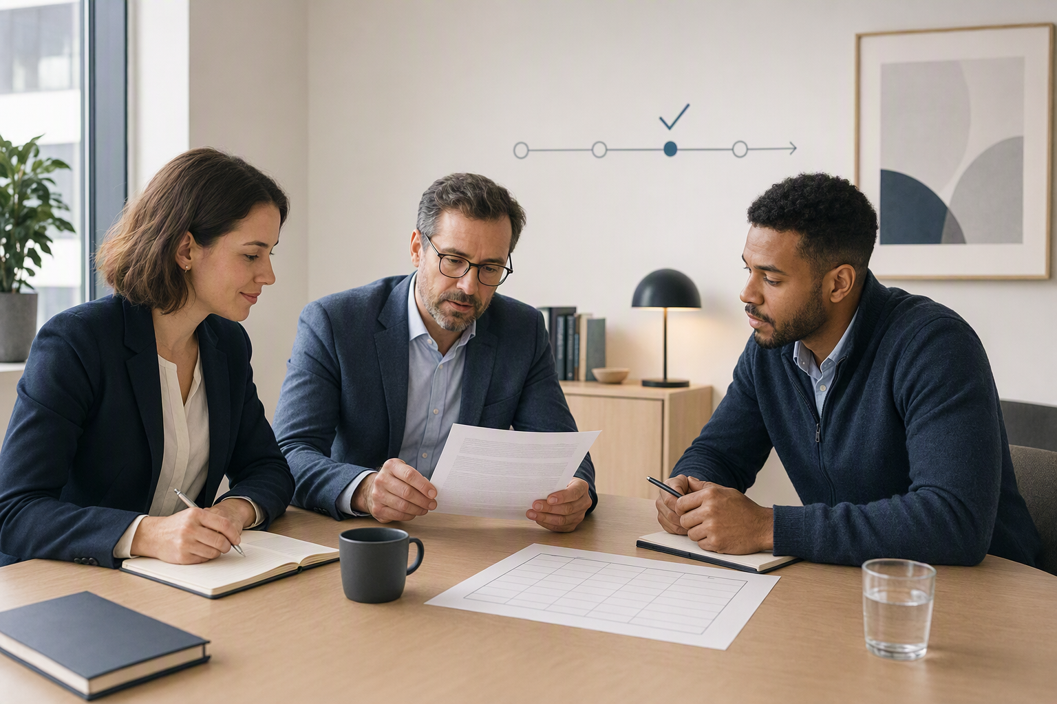 Business team reviewing a contract decision log in a meeting