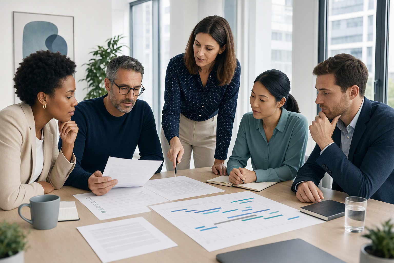 Business team reviewing a contract exit plan and handover checklist
