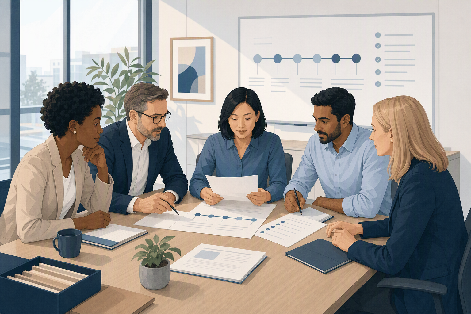 Business team reviewing a contract mobilisation checklist after signature