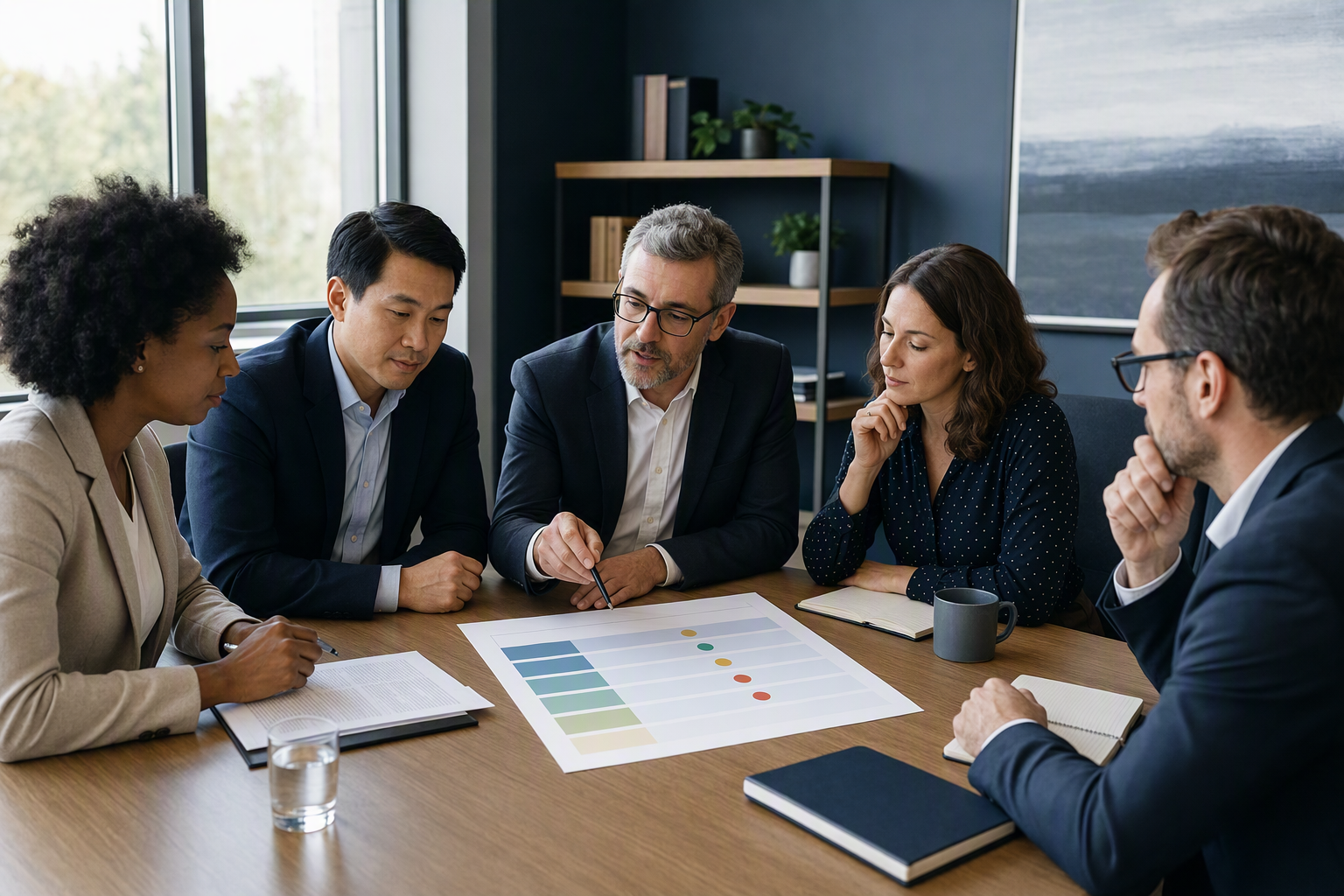 Business team reviewing a contract negotiation tracker