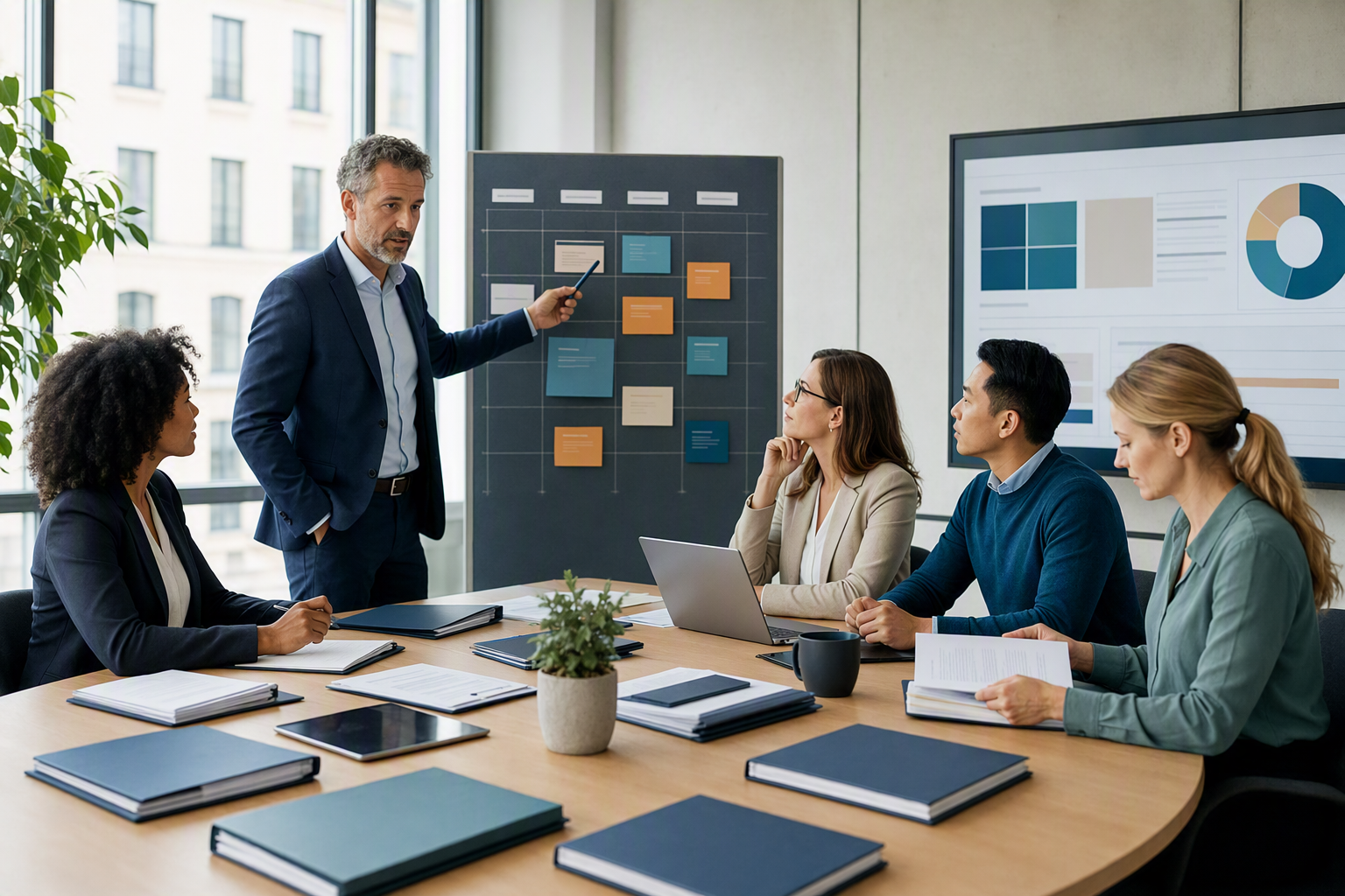 Business team reviewing contract portfolio priorities in a meeting