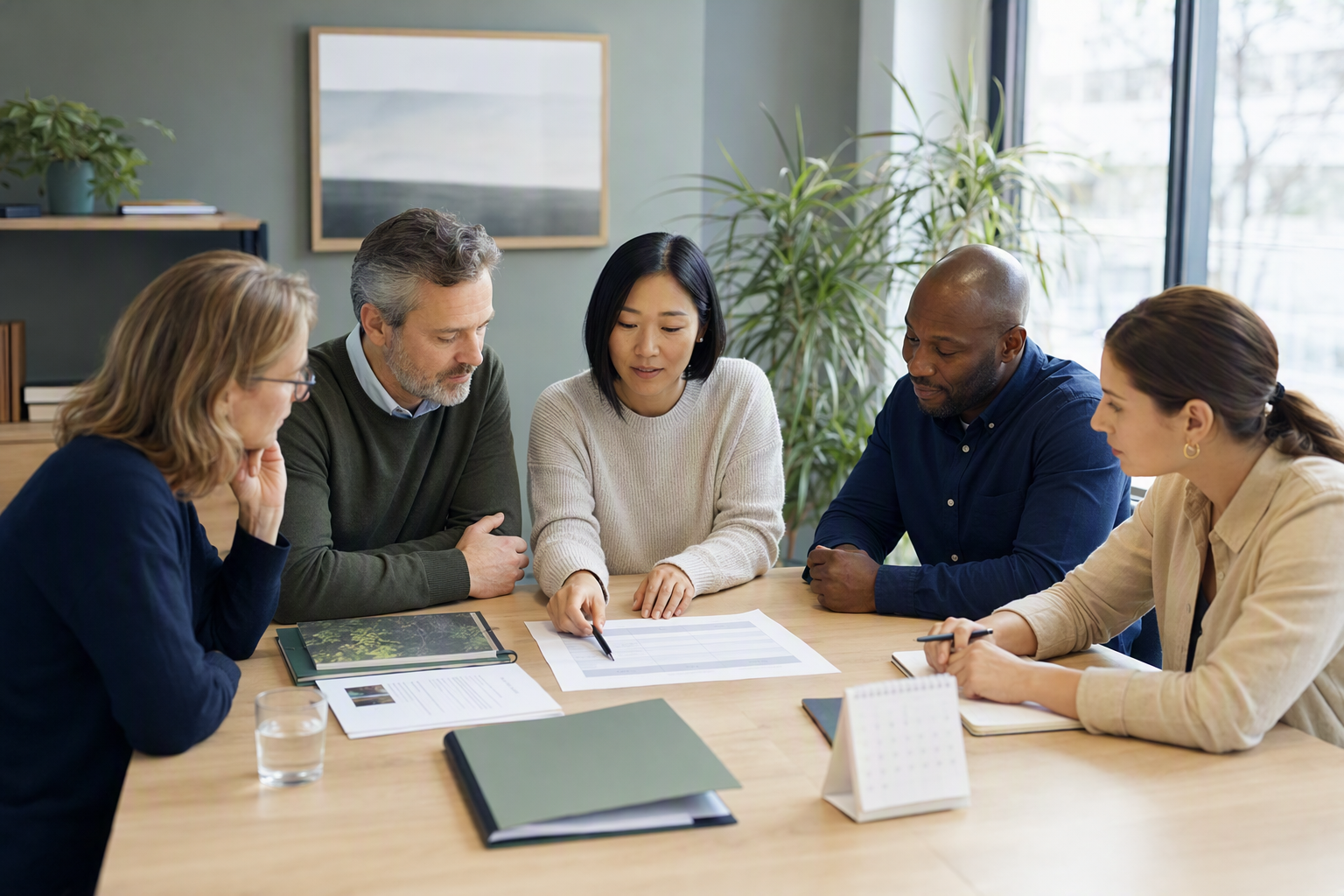 Business team reviewing an ongoing service agreement and scope record