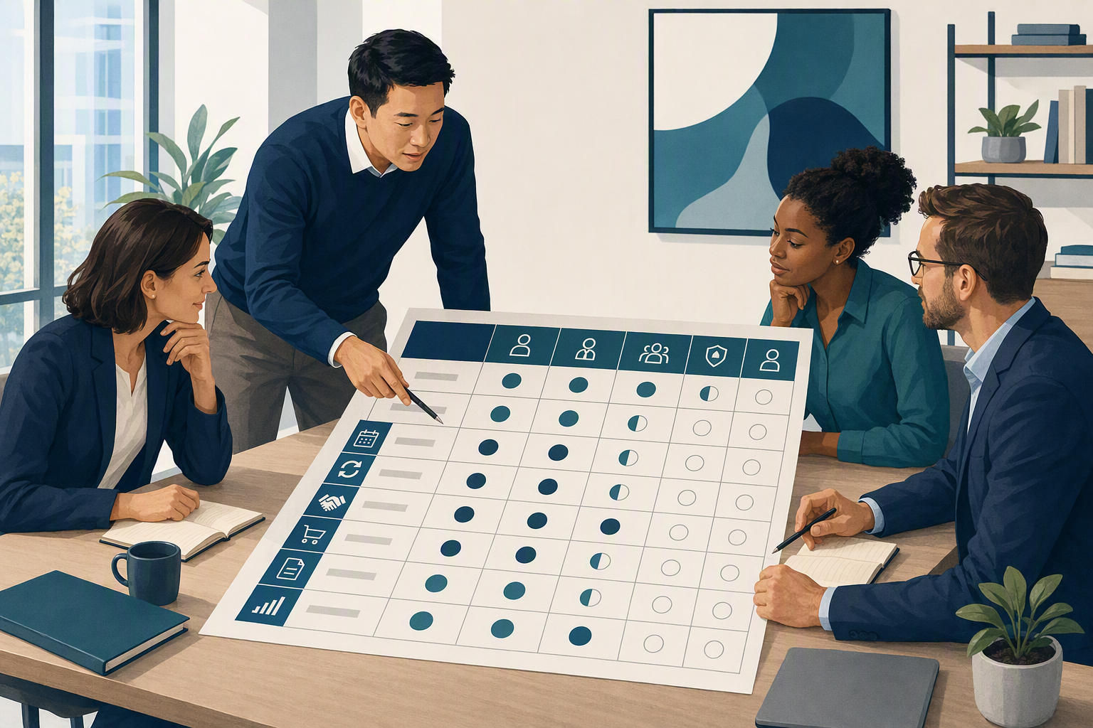 Business team reviewing a contract approval matrix with agreement types and decision roles