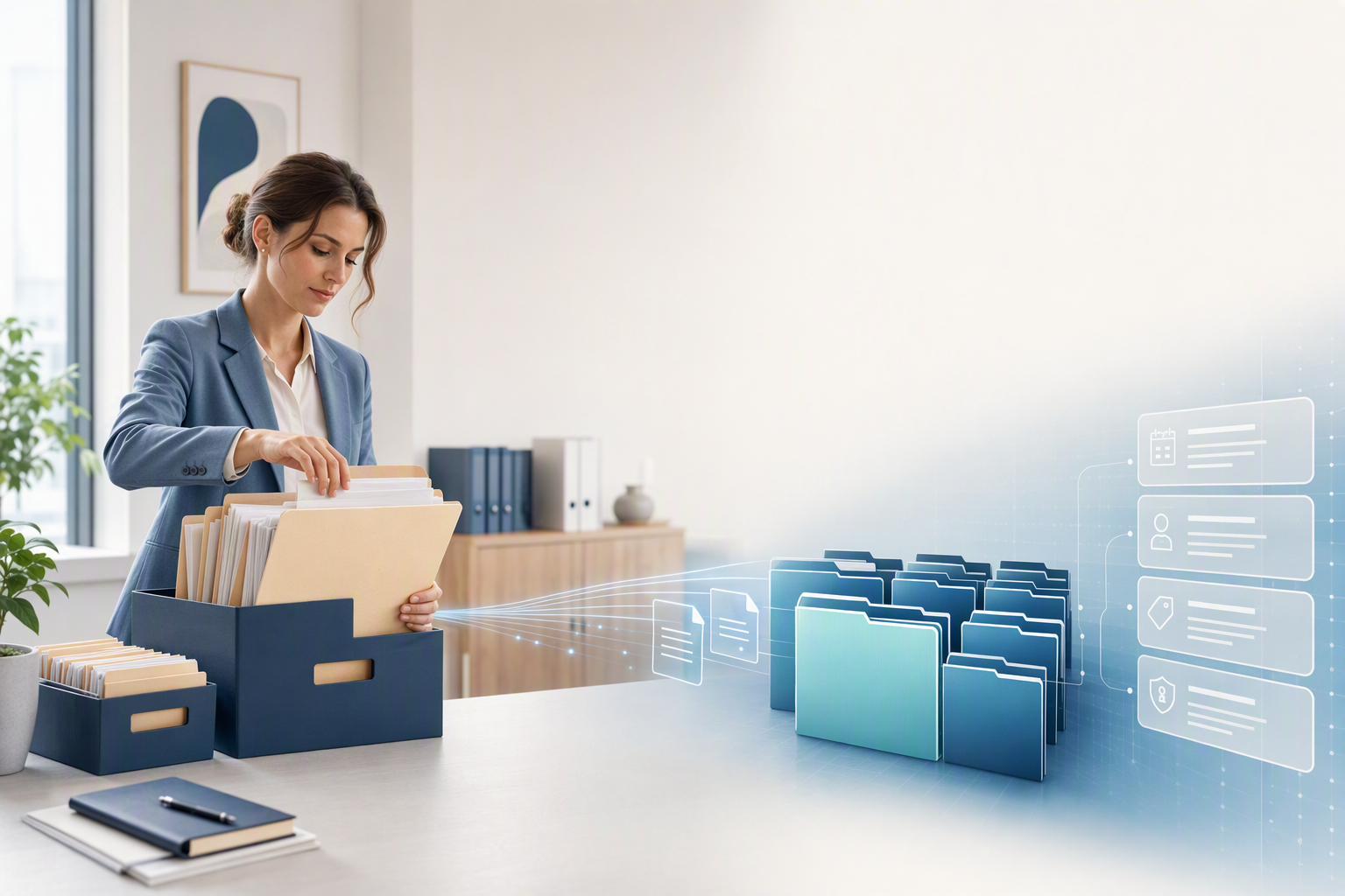 Legal operations professional moving contract folders into a structured digital archive