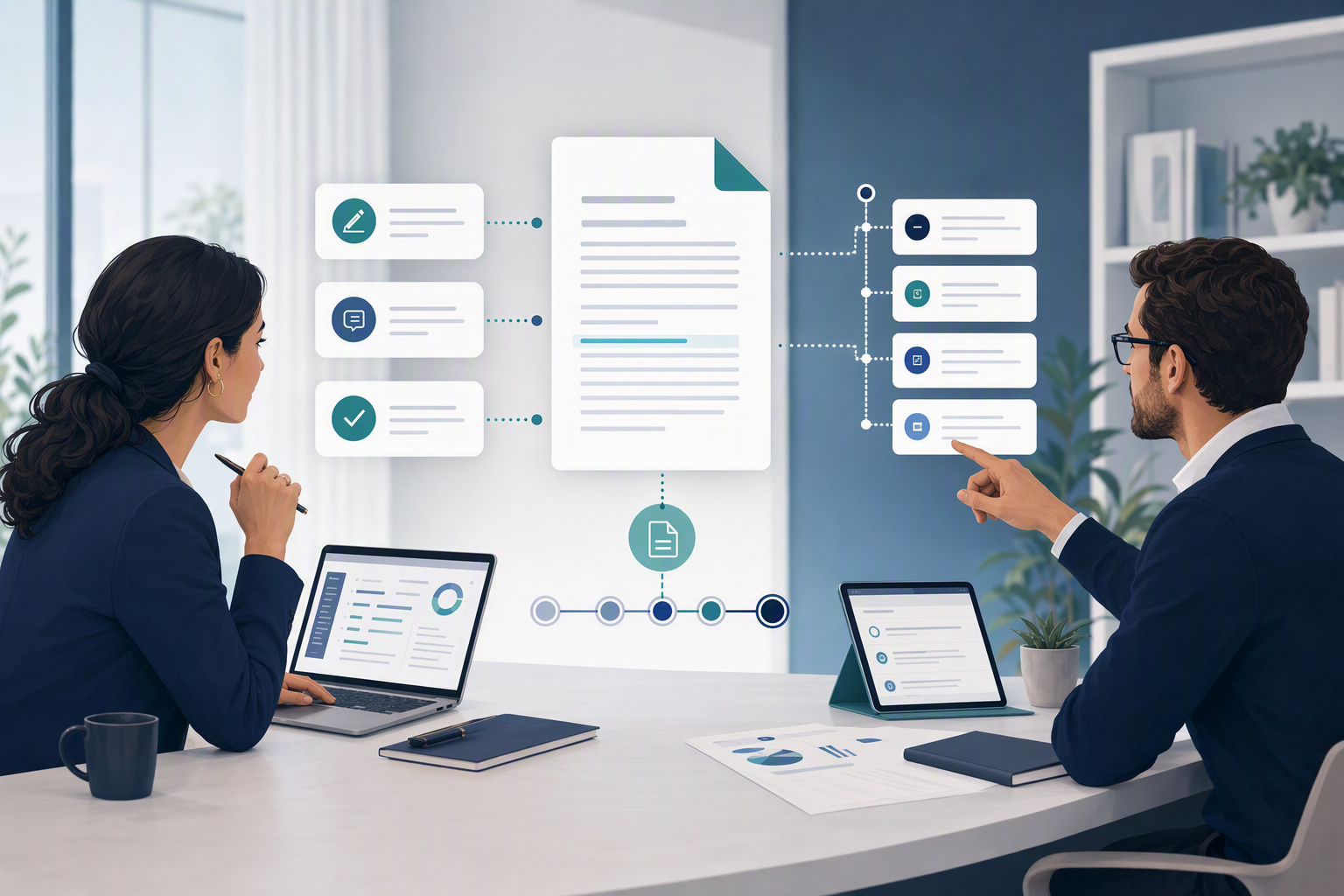 Business team managing contract amendments and version records