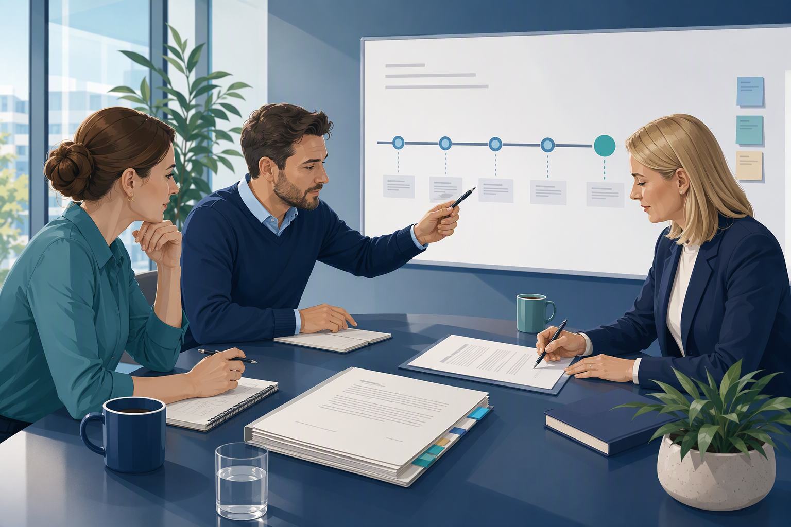 Business team reviewing a contract notice-period timeline and agreement