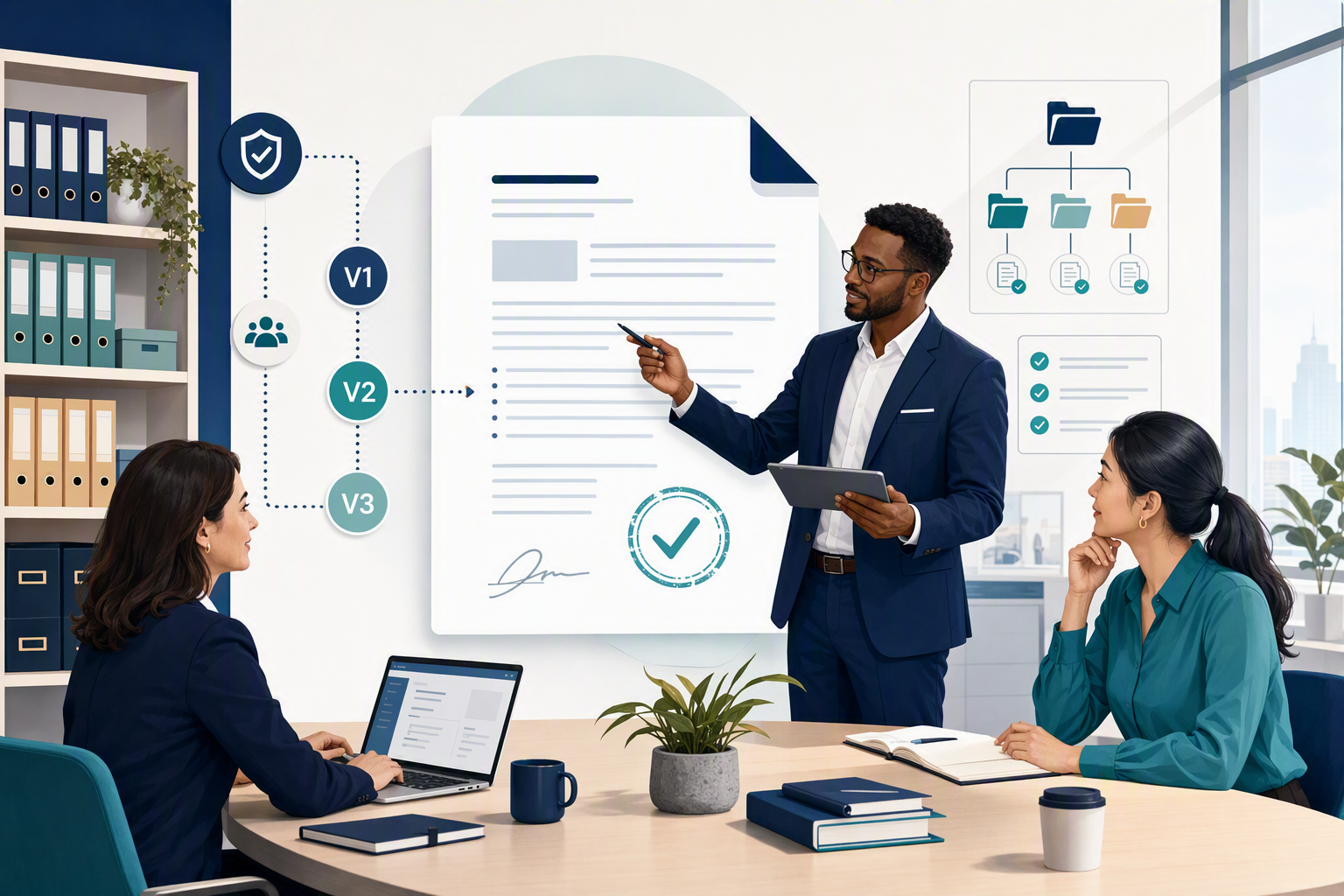 Business team reviewing approved contract-template versions and ownership